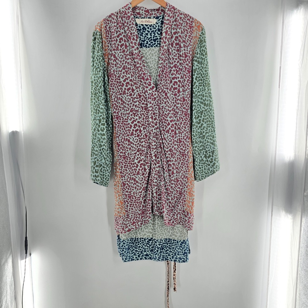 La Boheme Colorblock Abstract Print Wrap Midi Dress Tie Waist 100% Silk READ